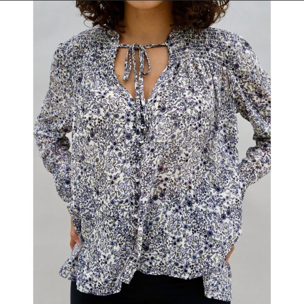 Free People Floral Blouse - Blue and White